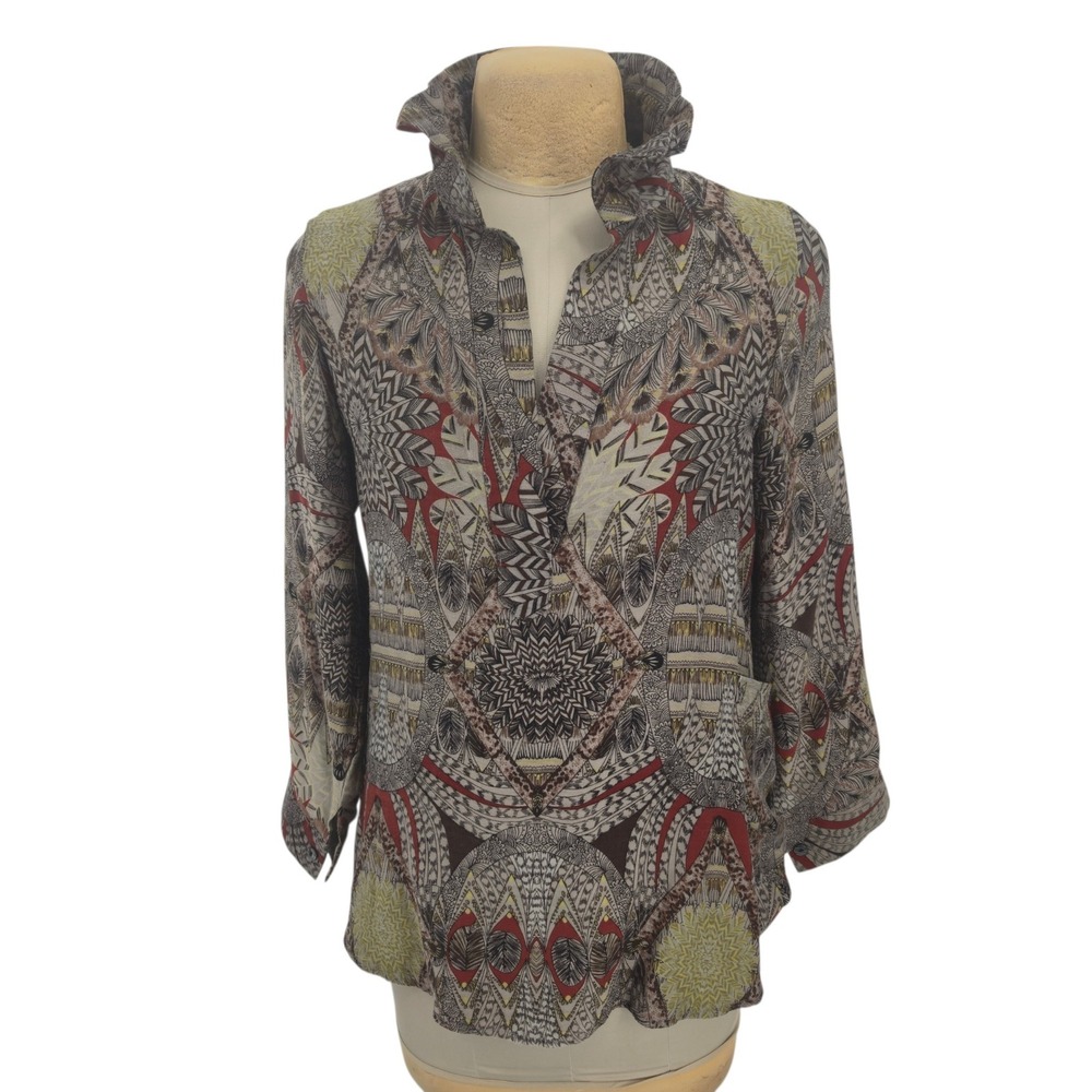 Unbranded Tunic Blouse Women L Geometric Tribal Print Pockets Roll Tab Sleeve